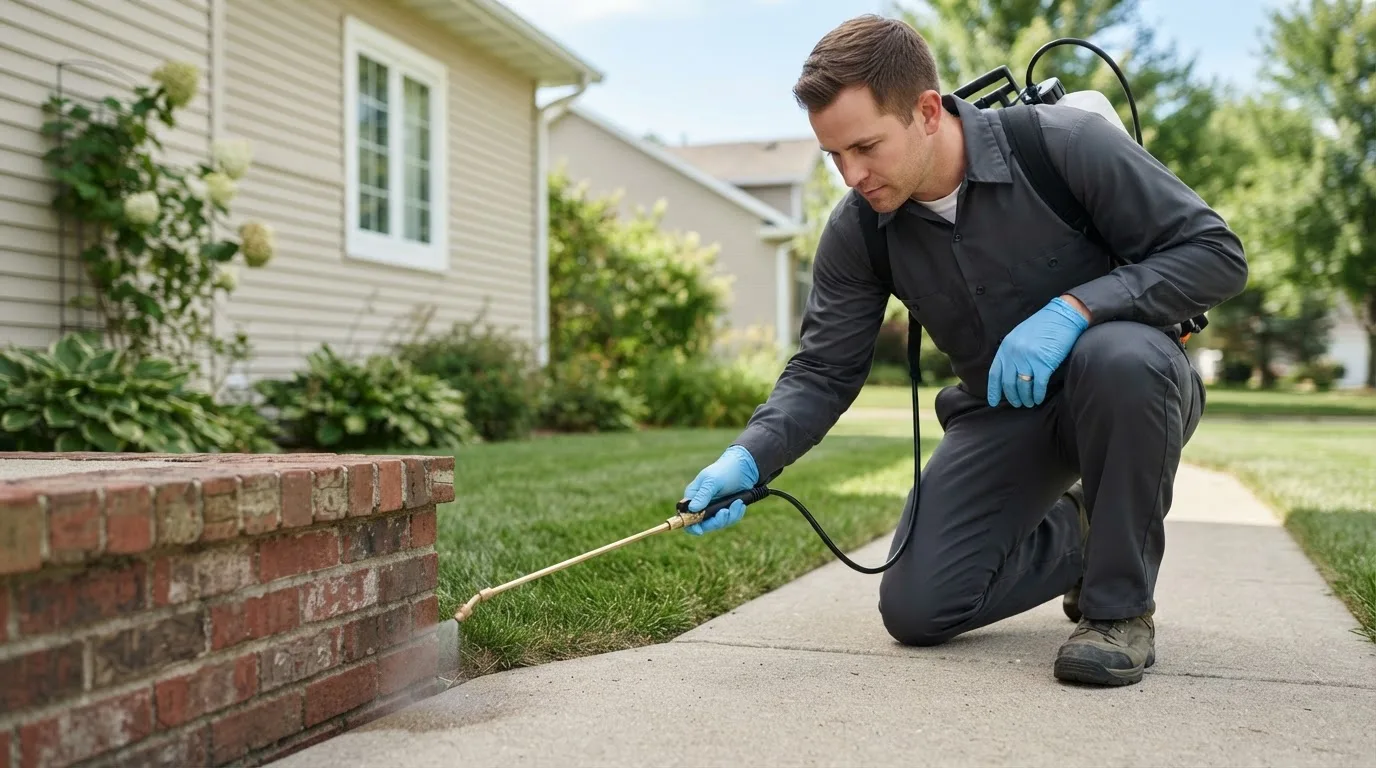 Pest control technician treating a home near La Rue, OH
