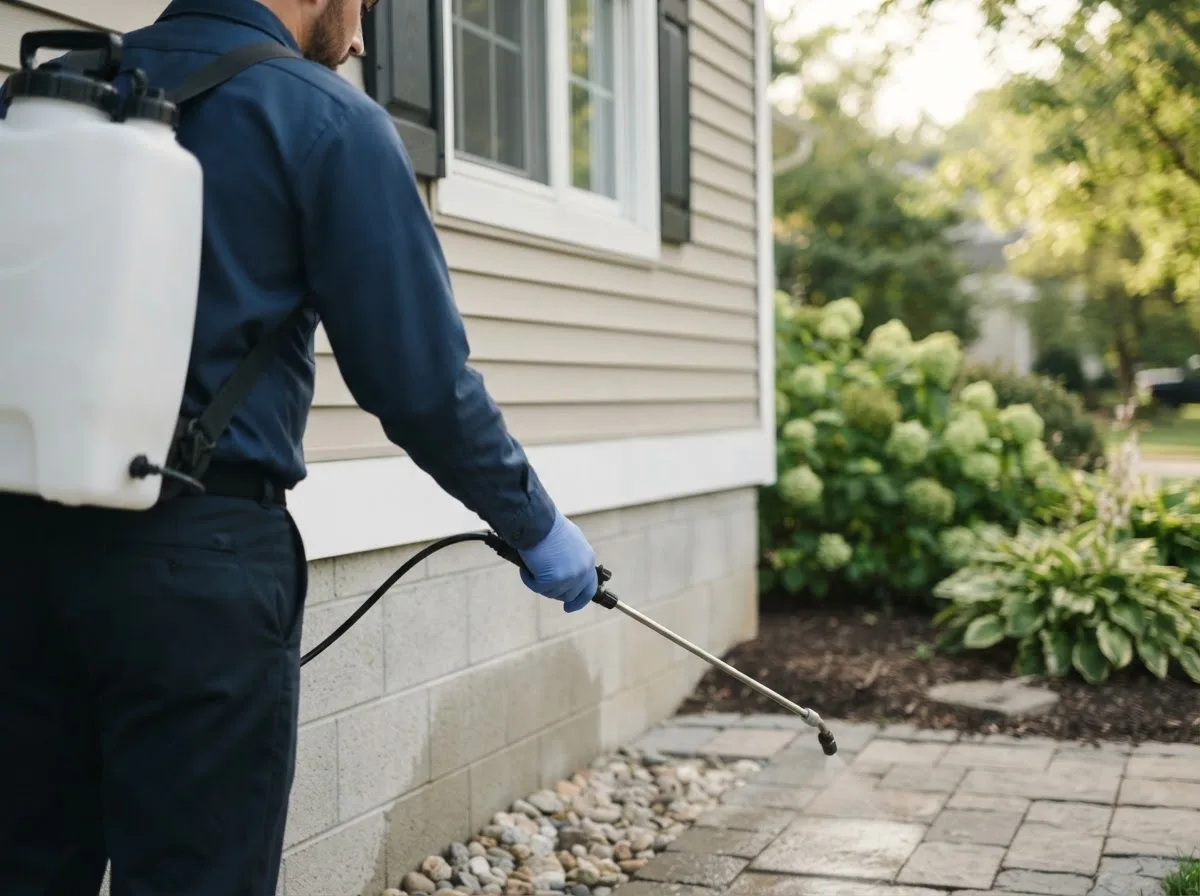 Pest control technician inspecting a home in La Rue, OH